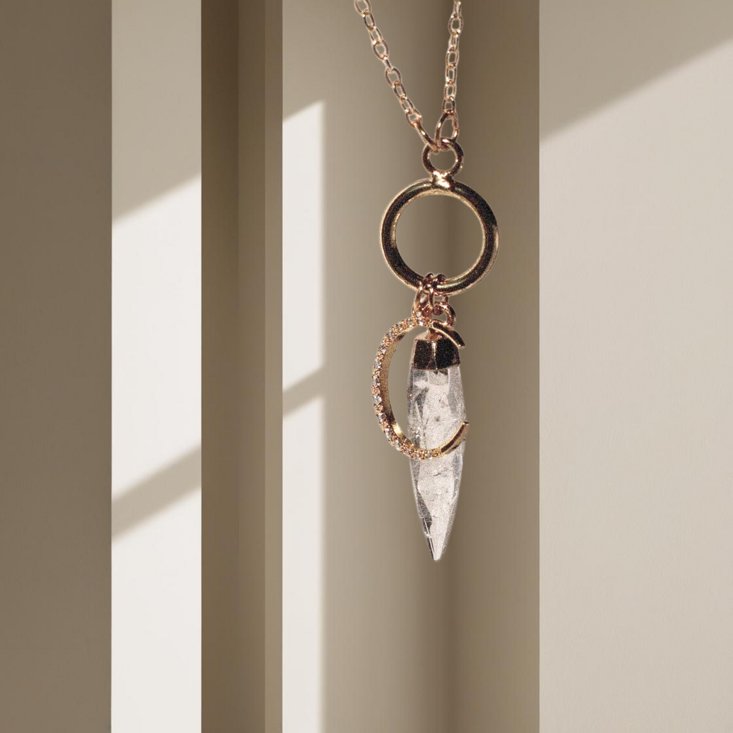18K Gold-Filled Crescent Moon, Quartz Crystal Charm Necklace