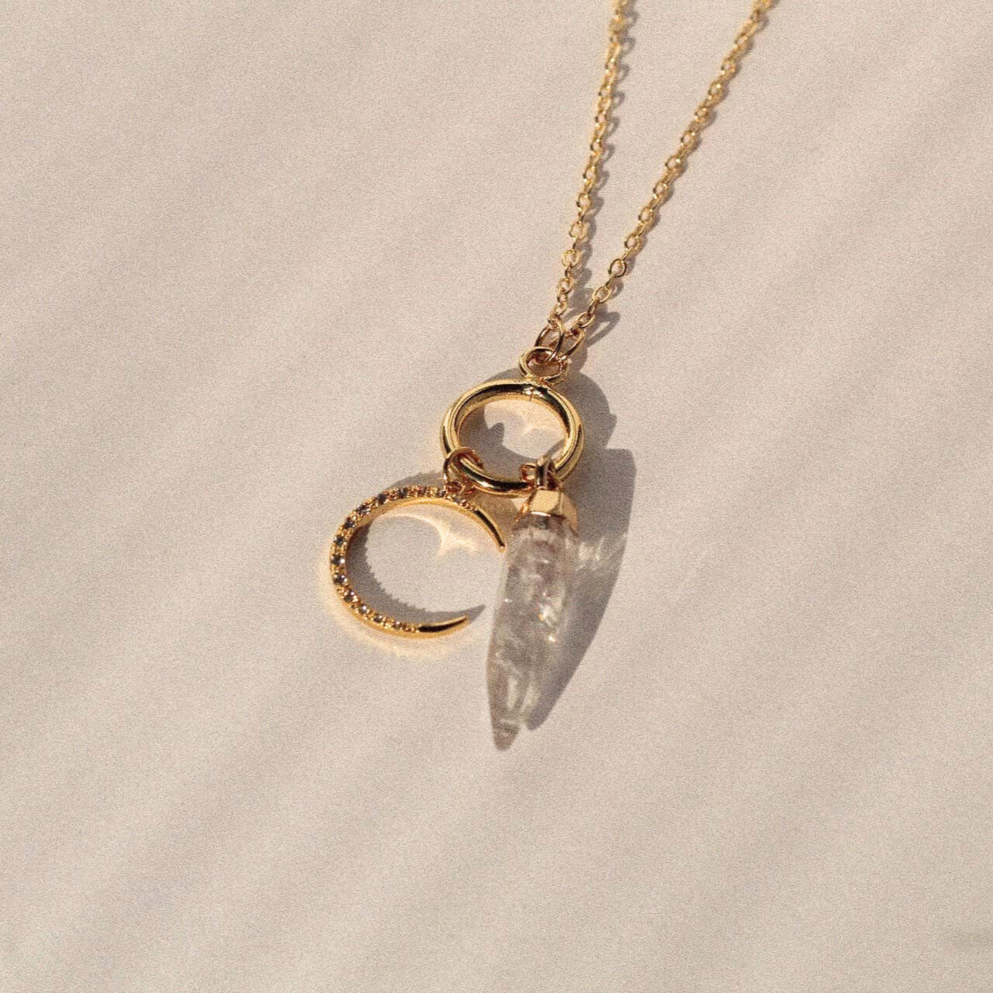 18K Gold-Filled Crescent Moon, Quartz Crystal Charm Necklace